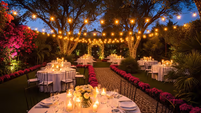 Jardín de boda con guirnaldas de luces