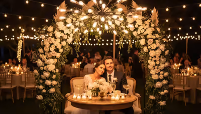 Boda en jardín en CDMX iluminada con guirnaldas de luces cálidas sobre el comedor y la pista