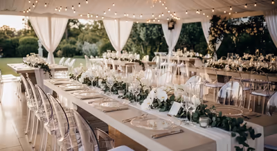 Terraza para eventos con mesas redondas y decoración floral