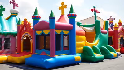 Fiesta infantil con mobiliario e inflable montados en un jardín