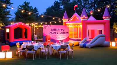 Fiesta infantil montada con inflable y mobiliario