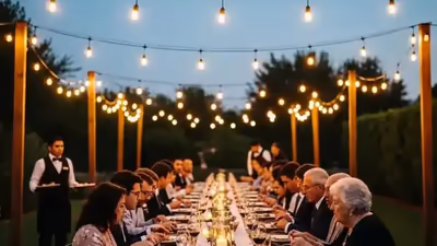 Series de luces tendidas sobre el área de mesas de una fiesta