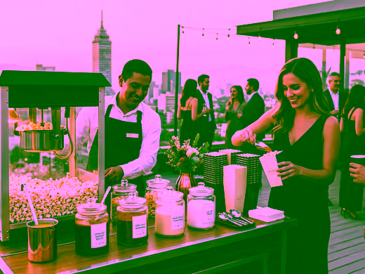 Barra de palomitas con frascos de toppings montada en una terraza