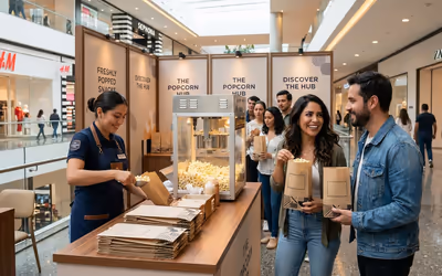Bolsas de palomitas personalizadas en un stand de marca