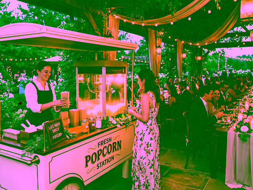 Carrito de palomitas vintage montado en un banquete de jardín