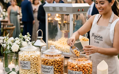 Frascos etiquetados por sabor en una estación de palomitas gourmet