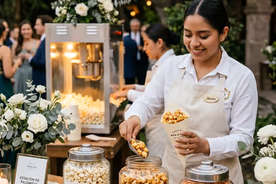 Sabores gourmet dispuestos en la estación de palomitas