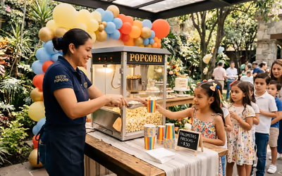 Estación de palomitas con operador montada en una fiesta de jardín