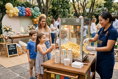 Operador atendiendo la estación de palomitas durante el evento