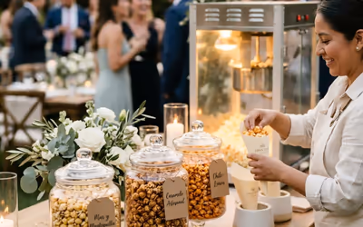Palomitas gourmet servidas en frascos etiquetados durante una boda