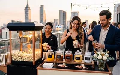 Barra de palomitas con toppings montada en una terraza