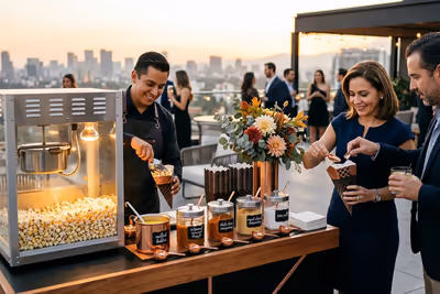 Barra de palomitas con toppings montada en un evento