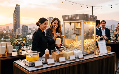 Invitados sirviéndose palomitas y toppings en la barra
