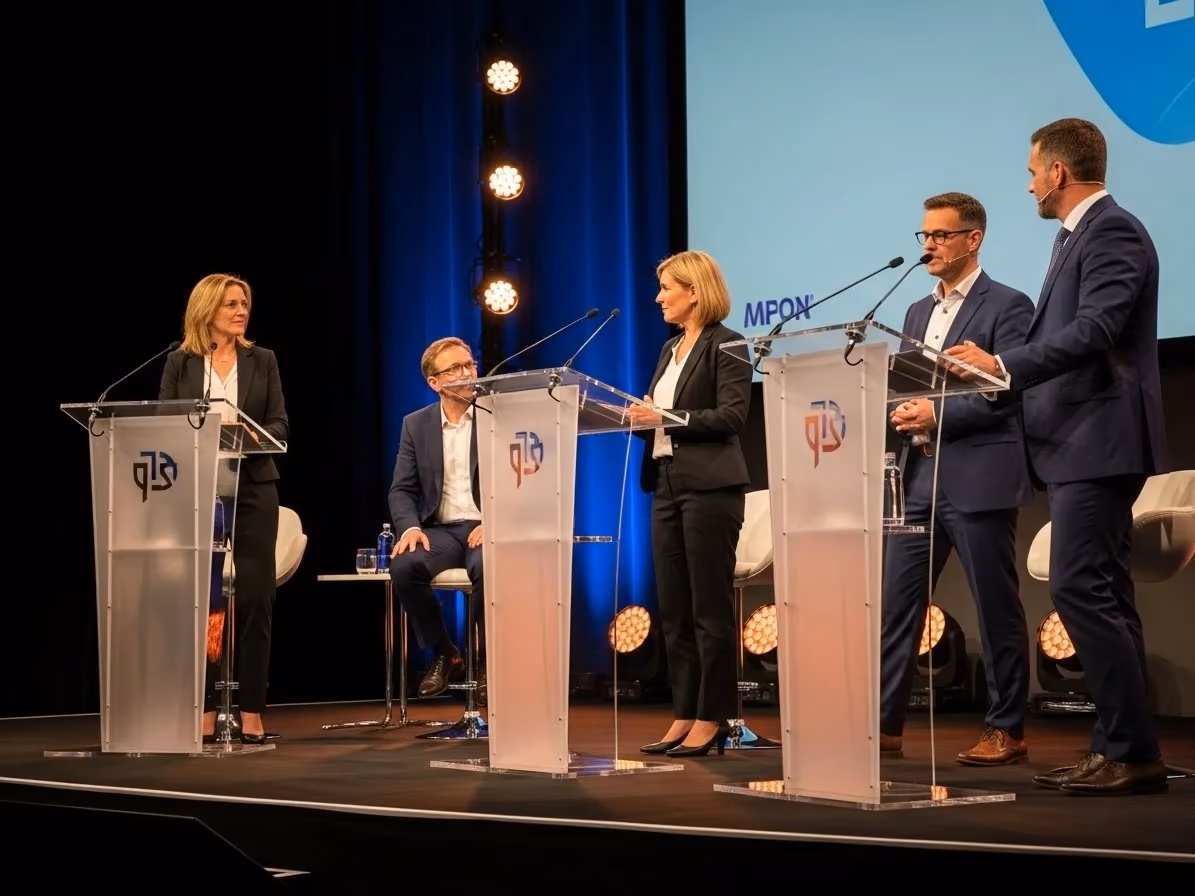 Panel de debate con atriles de acrílico