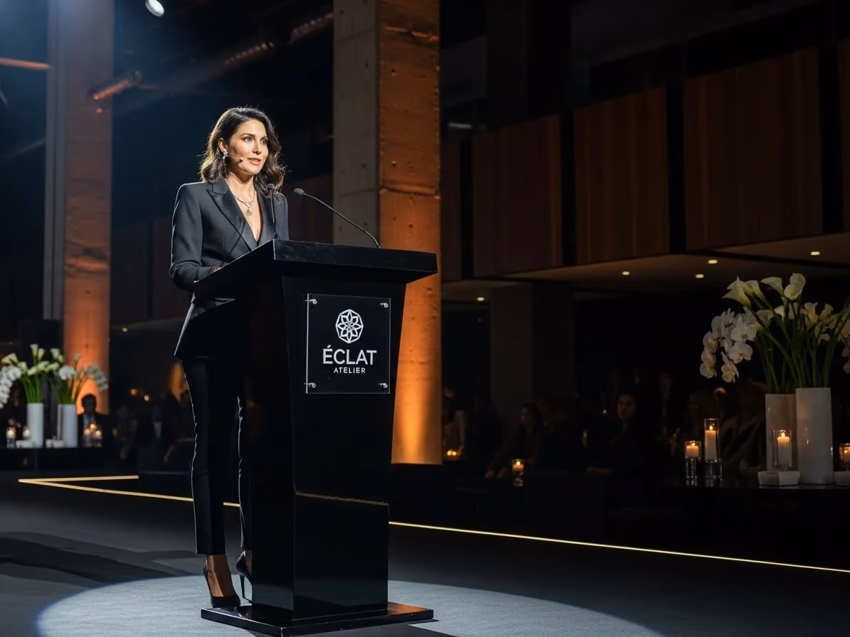 Oradora en un podium de acrílico negro durante un evento de gala