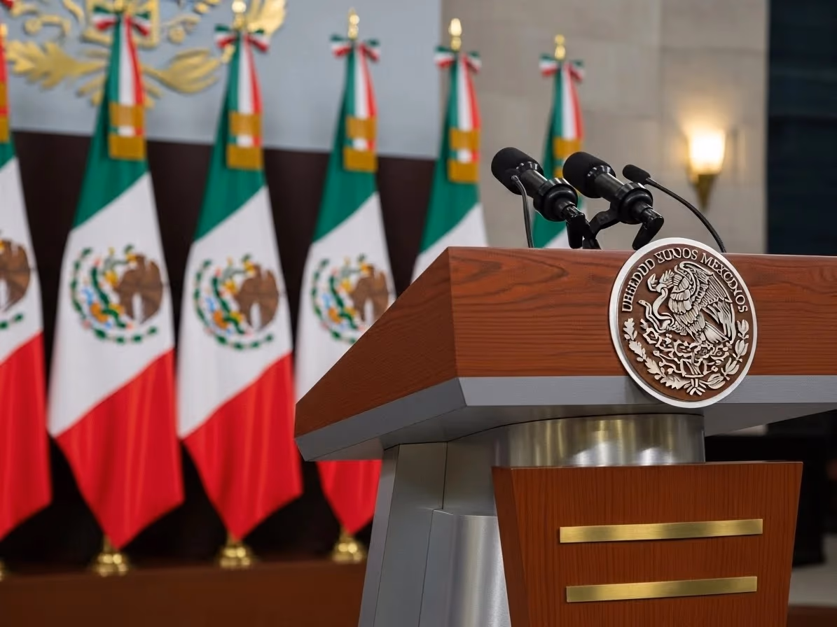 Podium de madera en un acto de gobierno con banderas de México