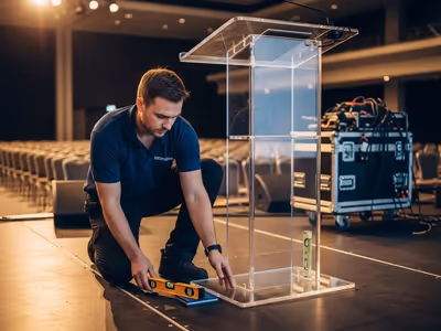 Técnico de PODIUMEX instalando un podium en la sede del evento
