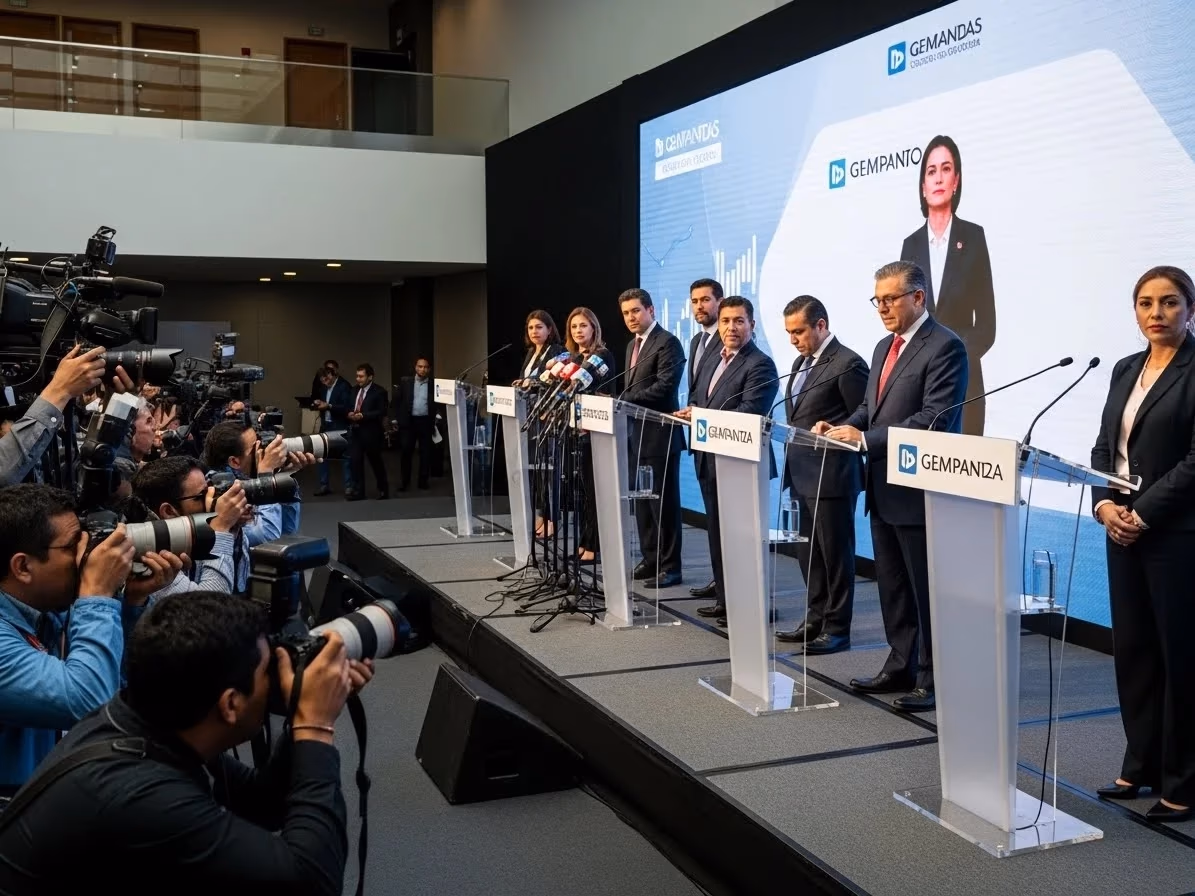 Varios podiums alineados en una rueda de prensa