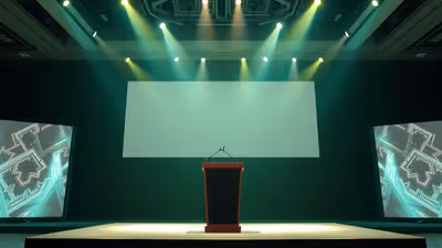 Escenario con pódium, pantalla y audio para evento corporativo