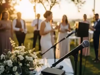 Bocina en pedestal y micrófono montados para una ceremonia de boda en jardín