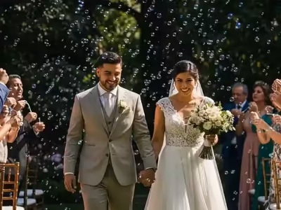 Burbujas en la salida de los novios de una ceremonia de jardín