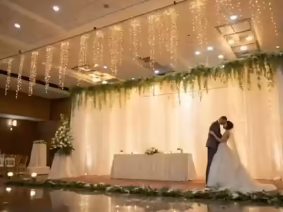 Cascada LED montada detrás del presídium de una boda