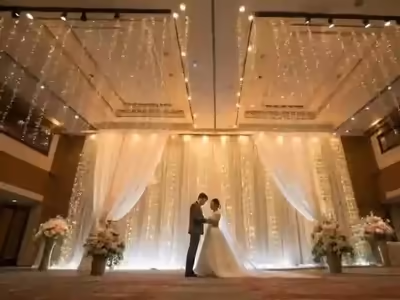 Cascadas LED cubriendo el muro y el techo de un salón
