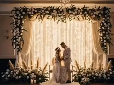 Cortina de cascada LED como fondo de una ceremonia con arco floral