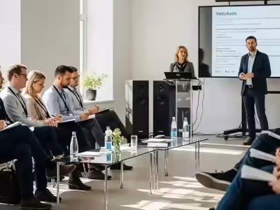 Panel corporativo con bocina y micrófonos en una sala de juntas