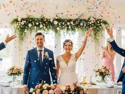 Confeti de colores cayendo sobre los novios durante la celebración