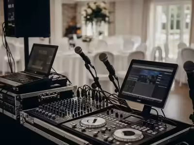 Controladora, laptop y micrófonos montados en la cabina del DJ