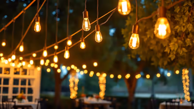 Guirnaldas de luces tendidas sobre un jardín de eventos