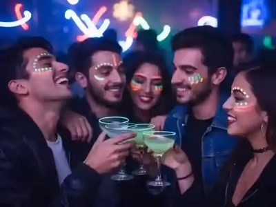 Grupo brindando con maquillaje neón en la cara bajo iluminación UV