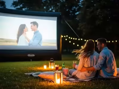 Proyección al aire libre durante un evento de boda