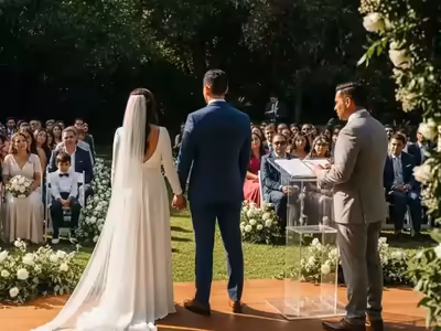 Pódium de acrílico transparente en una ceremonia de jardín