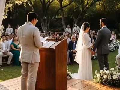 Pódium de madera ocupado por el oficiante en una ceremonia de jardín