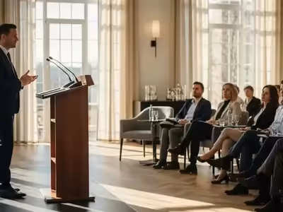 Orador en un pódium durante una ponencia en un salón