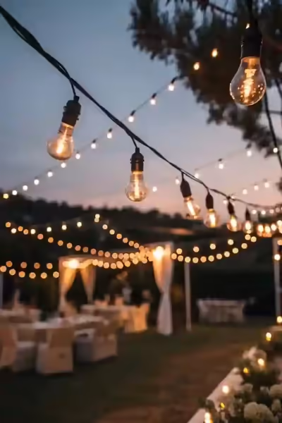 Guirnaldas de luces tendidas sobre un jardín de eventos