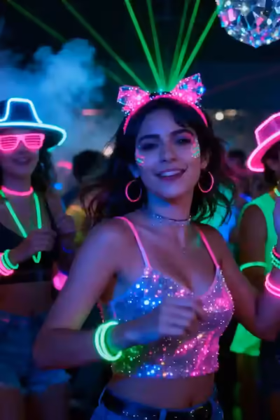 Invitados con pintura fluorescente brillando bajo luz negra en una fiesta neón